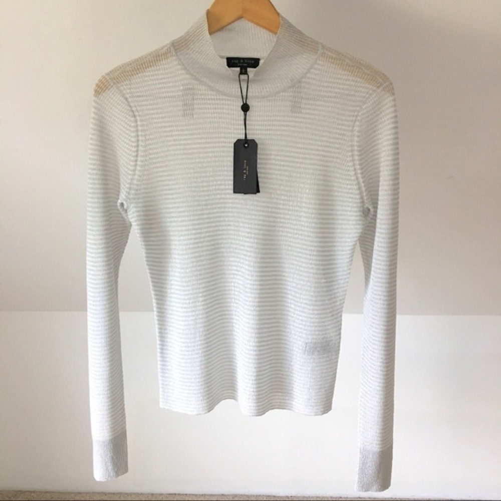 NWT rag & bone Raina Lurex Mock Neck Sweater Top Silver Metallic Ribbed Knit